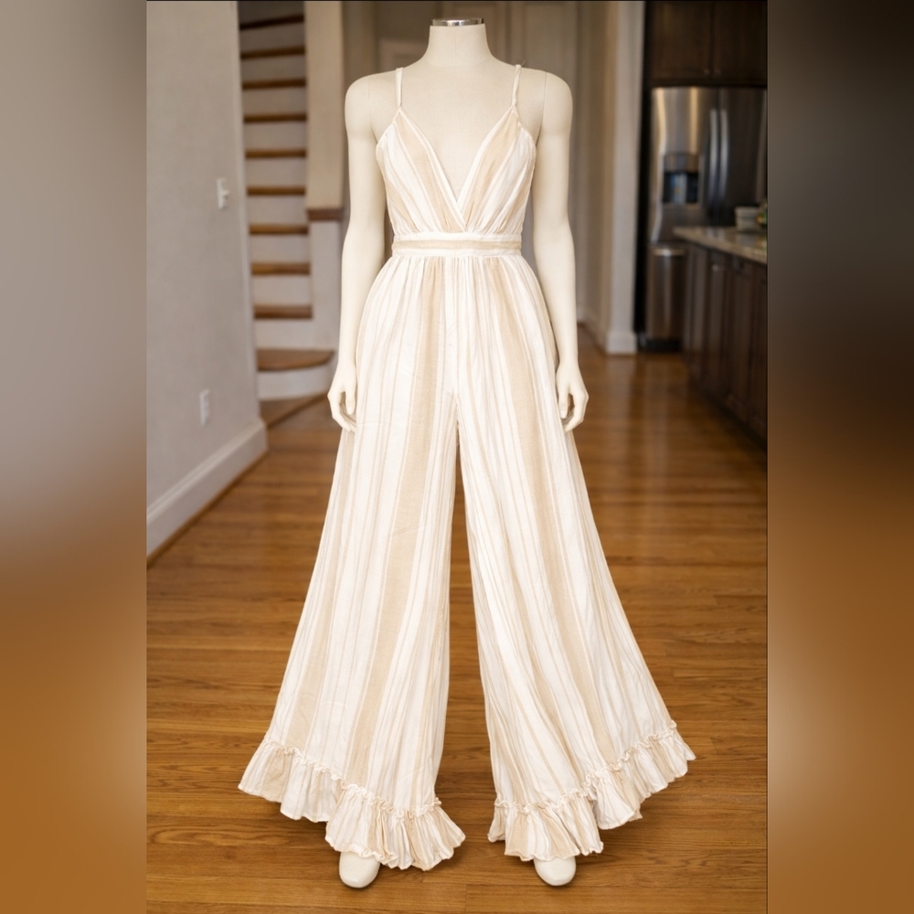 Dress Forum Cream Striped Ruffle-Hem Wide Leg Jumpsuit